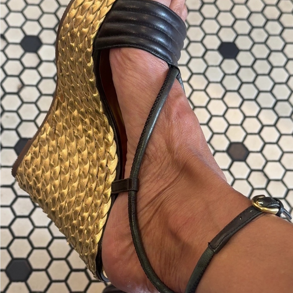 COACH Black Leather and Gold Espadrille Wedge Sandals - Picture 2 of 3